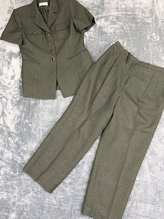 Le Suit Pants - Le Suit Petite Womens Olive Green Short Sleeve Blazer & Trousers 2-Pc 10P